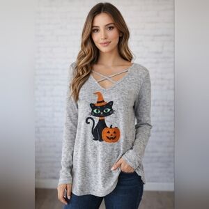 sparkly halloween kitty magic sequin cat  stretch criss  cross, Longsleeve top S